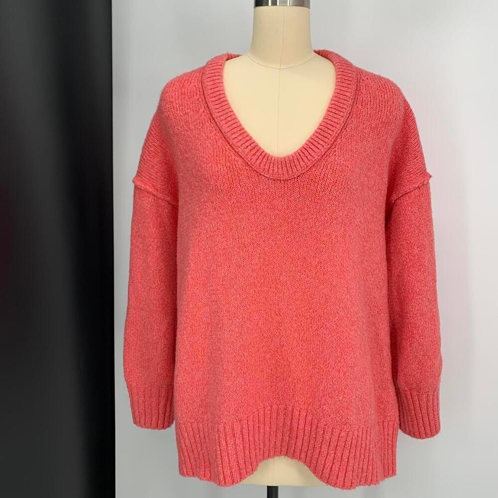 FREE PEOPLE peach pink v neck sweater cotton blend chunky fishermen sz m womens